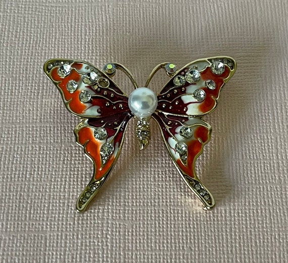 Orange butterfly brooch, rhinestone butterfly pin… - image 6
