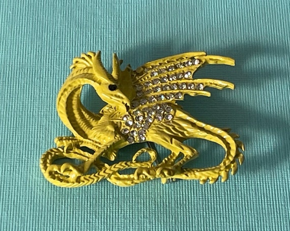 Yellow dragon brooch, rhinestone dragon pin, dung… - image 1