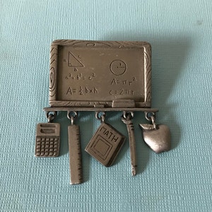 Vintage teacher brooch, pewter teacher brooch, signed JJ brooch, JJ Jonette teacher brooch, teacher dangle pin, teacher jewelry, gifts
