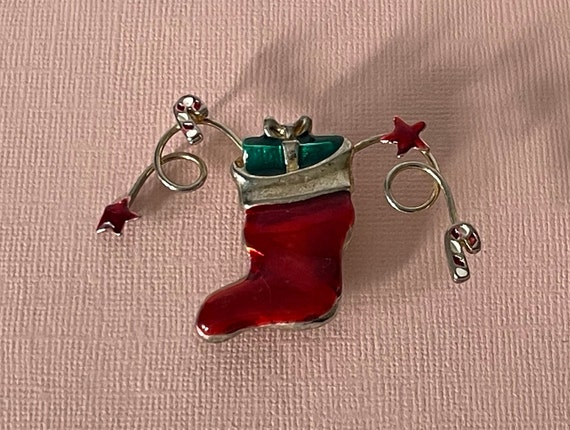 Vintage stocking brooch, Christmas stocking pin, … - image 2