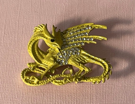 Yellow dragon brooch, rhinestone dragon pin, dung… - image 2