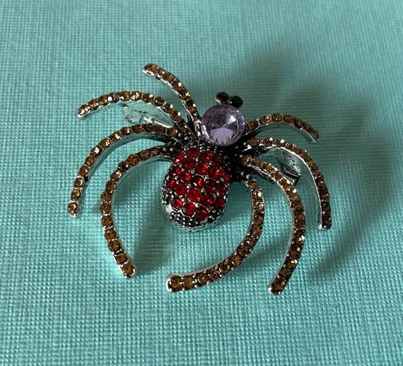 Rhinestone spider brooch, red spider pin, Hallowee