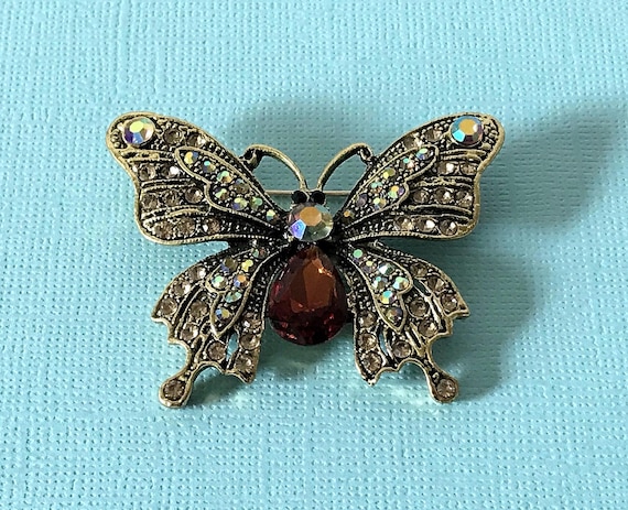 Aurora borealis rhinestone butterfly brooch, amber butterfly pin, gold butterfly brooch, butterfly jewelry, insect pin, butterfly brooch