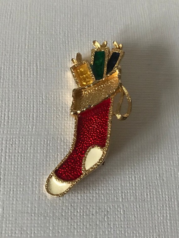 Vintage stocking brooch, Christmas stocking pin, … - image 3