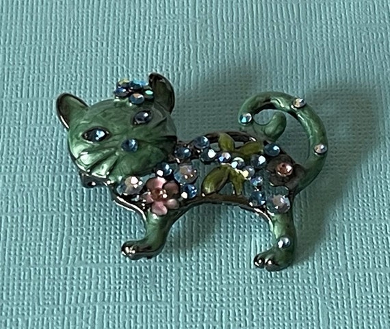 Cat brooch, rhinestone cat pin, green cat pin, hi… - image 7