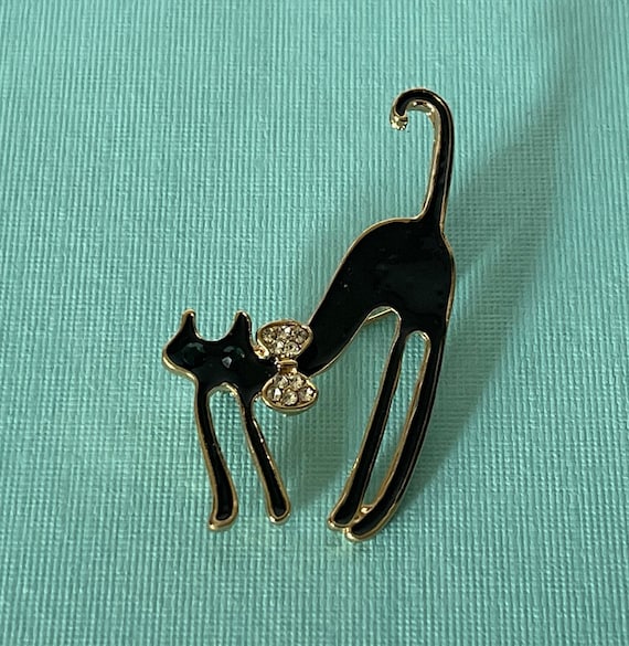 Rhinestone cat brooch, black cat pin, cat jewelry,