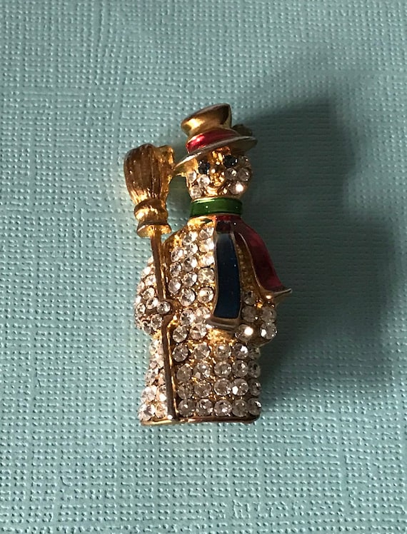 Vintage rhinestone snowman brooch, Christmas pin, 