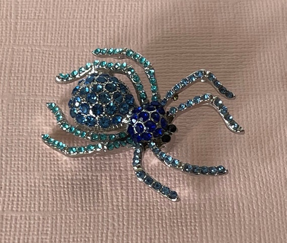 Blue rhinestone spider brooch, spider jewelry, rh… - image 1