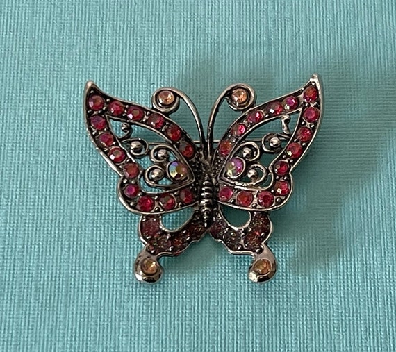 Vintage butterfly brooch, rhinestone butterfly brooch, pink butterfly pin, aurora borealis butterfly brooch, butterfly jewelry insect brooch