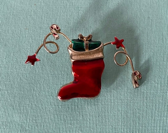 Vintage stocking brooch, Christmas stocking pin, … - image 7