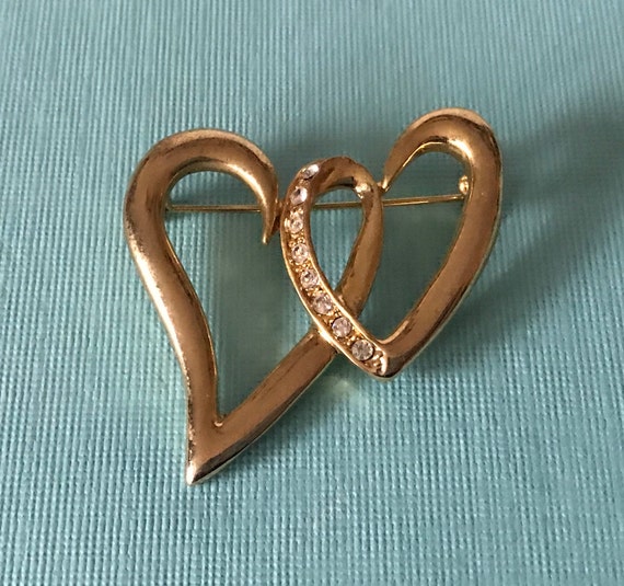 Vintage heart brooch, double heart brooch, rhines… - image 1