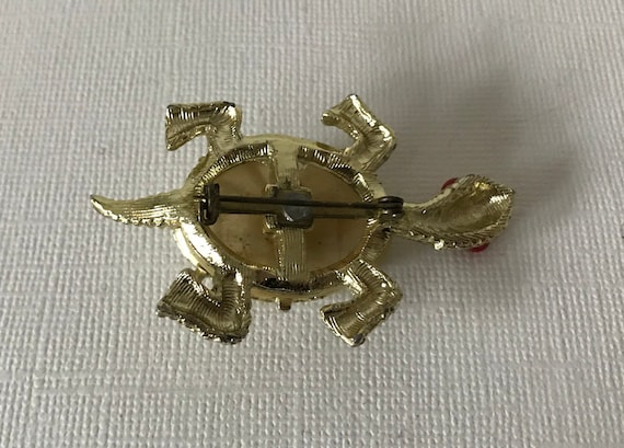 Vintage turtle brooch, red eye turtle pin, rhines… - image 7