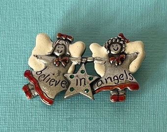 Vintage angel brooch, believe in angels pin, pewter angels brooch, Christmas angels, religious jewelry, signed AJMO angels brooch, angels