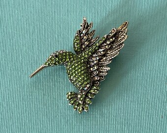 green rhinestone hummingbird brooch, bird pin, bird jewelry, green hummingbird pin, bird pin, bird brooch, hummingbird pins, green bird pin
