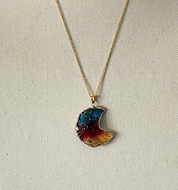 Large crescent moon necklace, blue moon necklace, yellow moon necklace, red moon necklace, rainbow moon, moon jewelry, 24" necklace, moon