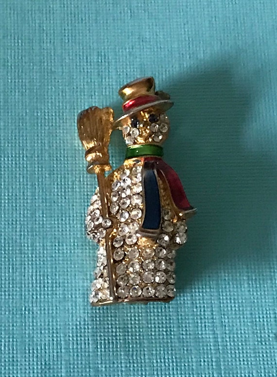 Vintage rhinestone snowman brooch, Christmas pin, 