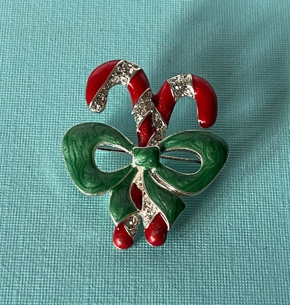 Vintage candy cane brooch, rhinestone candy cane … - image 1