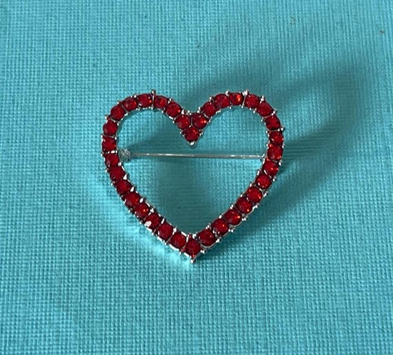 Rhinestone heart pin, Valentine's heart pin, red heart brooch, heart pin vintage, heart jewelry, red rhinestone heart, heart jewelry, heart