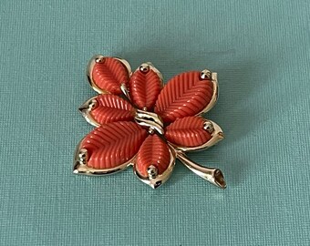 Vintage flower brooch, orange flower pin, leaf pin, gold flower brooch, flower brooch vintage, orange flower pin, flower jewelry, leaf pin