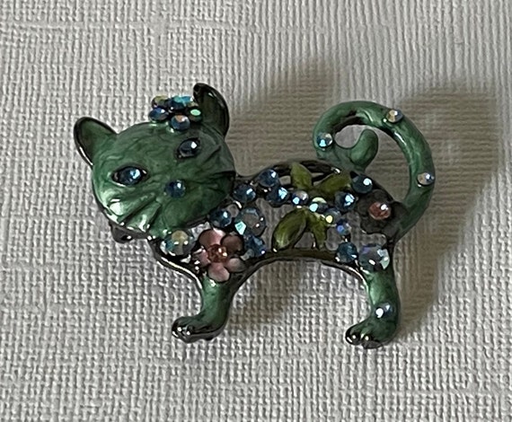 Cat brooch, rhinestone cat pin, green cat pin, hi… - image 4