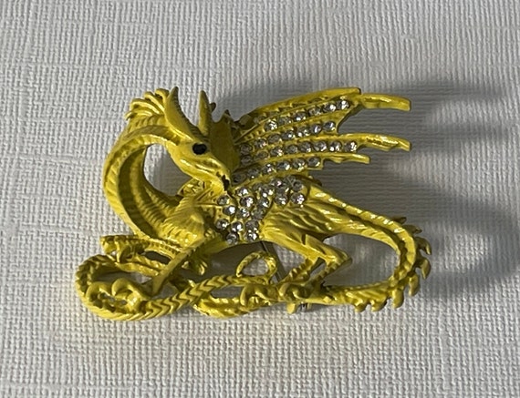 Yellow dragon brooch, rhinestone dragon pin, dung… - image 3