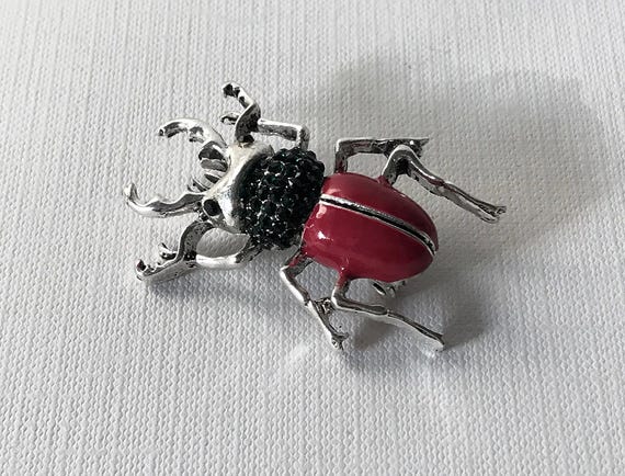 Rhinestone roach brooch, green rhinestone roach brooch, red roach pin, beetle in, green and red roach pin, insect pin, bug pin green insect