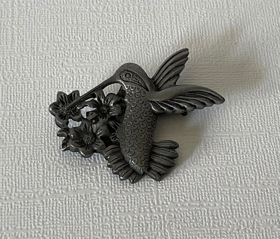 Vintage hummingbird brooch, pewter hummingbird br… - image 4