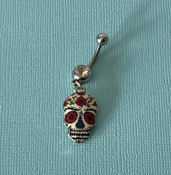 Rhinestone belly ring, sugar skull belly ring, body jewelry, skull belly button ring, rhinestone belly button ring,