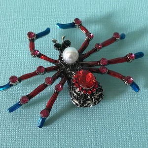 Large rhinestone spider brooch, faux pearl spider, patriotic spider pin, red spider pin, blue spider brooch, spider jewelry, insect brooch