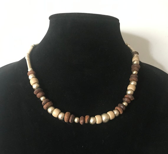 Vintage beaded necklace, wooden beads, brown bead… - image 2