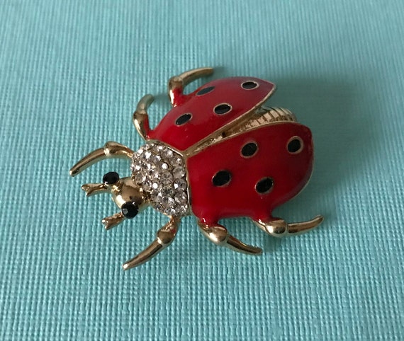 Rhinestone lady bug brooch, beetle brooch, lady b… - image 2