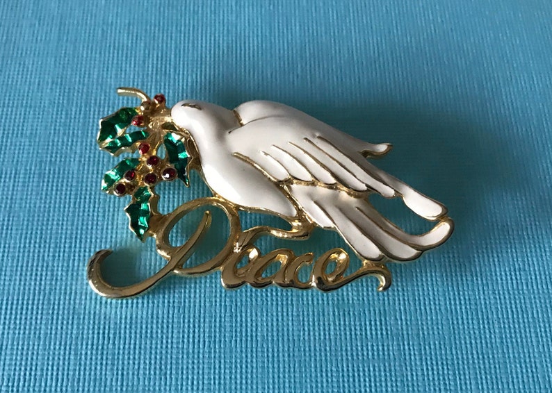 Vintage peace brooch dove with olive branch brooch baptism image 0