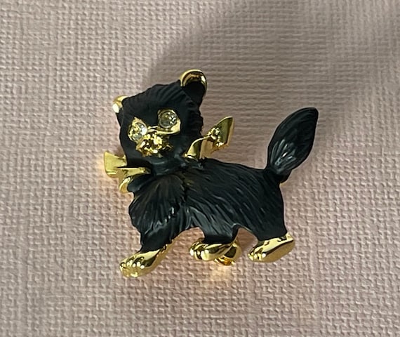 Vintage cat brooch, black cat brooch,  rhinestone… - image 2