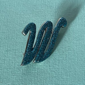 May include: A blue glitter letter W brooch. The letter is stylized and has a cursive font.