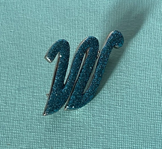 Vintage letter M brooch, blue letter M pin, glittery letter M brooch, letter W brooch, letter w vintage, initial m pin, monogram w brooch