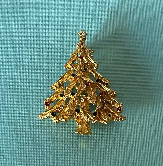 Vintage Christmas tree brooch, gold Christmas tree