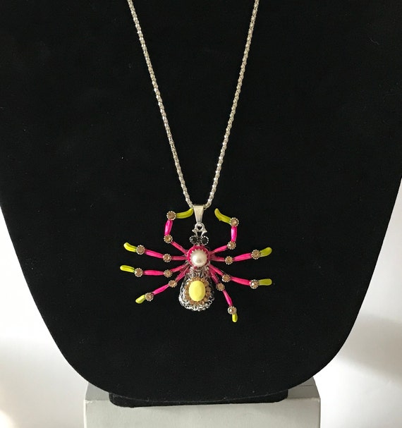 Large spider necklace, pink spider necklace, yello