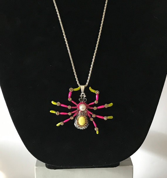 Large spider necklace, pink spider necklace, yello