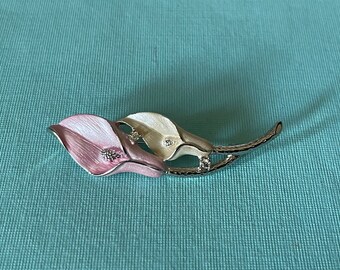 Vintage calla lily brooch, pink calla lily pin, rhinestone lily brooch,