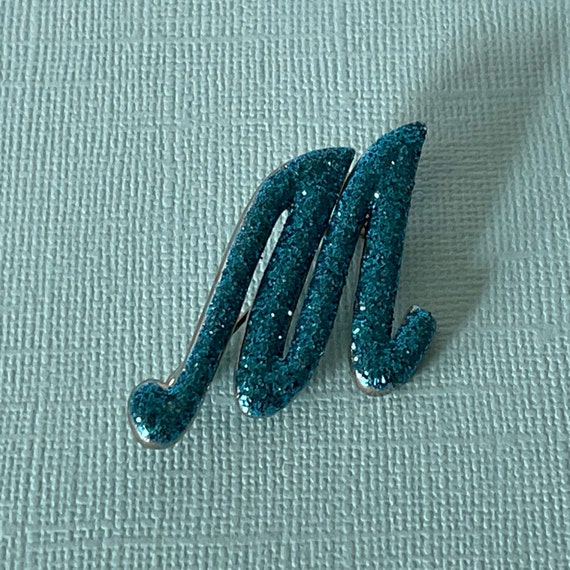 Vintage letter M brooch, blue letter M pin, glittery … Gem