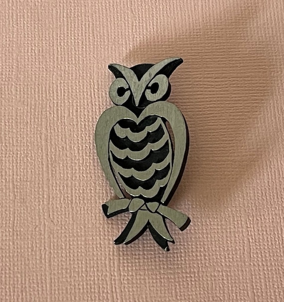Vintage owl brooch, silver and black owl pin, owl 