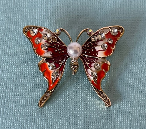 Orange butterfly brooch, rhinestone butterfly pin… - image 2