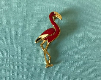 VIntage flamingo pin, bird pin, enamel flamingo brooch, red flamingo pin, gold flamingo pin, Delaney, vintage flamingo brooch, bird brooch