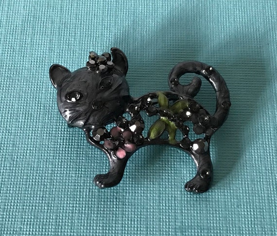 Rhinestone cat brooch, hippie cat pin, boho cat p… - image 1