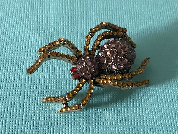 Rhinestone spider brooch, purple spider pin, yello