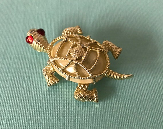 Vintage turtle brooch, red eye turtle pin, rhines… - image 2