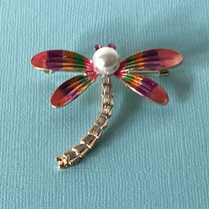Faux pearl and rhinestone dragonfly pin, rhinestone dragonfly, pink dragonfly pin, purple dragonfly pin, multi colored dragonfly brooch