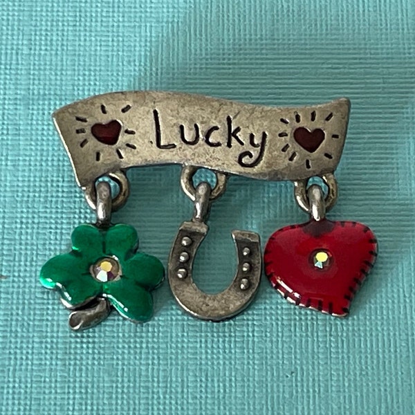 Vintaged signed ajmc brooch, lucky brooch, shamrock brooch, heart pin lucky horse shoe brooch, clover brooch, St Patricks pin, lucky jewelry
