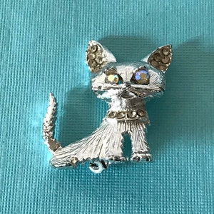 Vintage cat brooch, aurora borealis rhinestone cat pin, cat jewelry, cat gifts, rhinestone cat pin, silver cat brooch, rhinestone cat brooch