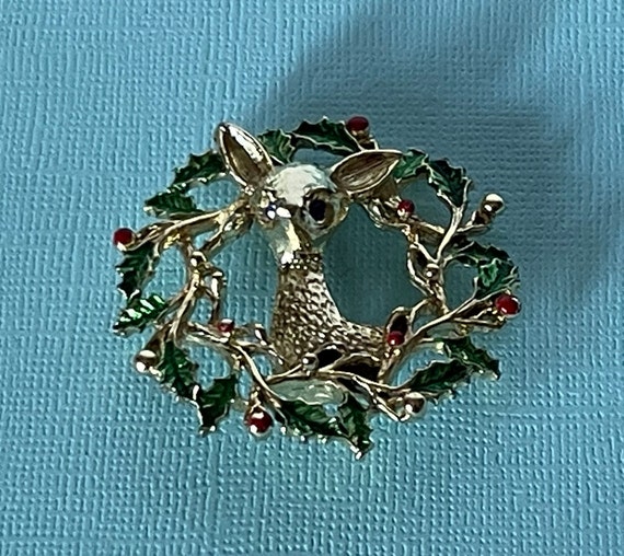 Vintage reindeer brooch, vintage wreath brooch, r… - image 2